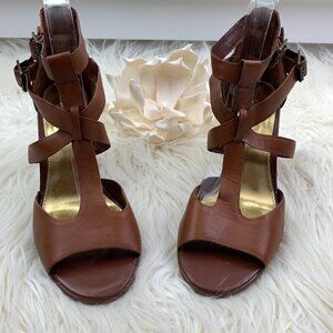 Lauren Ralph Lauren Retro Vibes Peep Toe Double Buckle Stacked Heels Women's 9